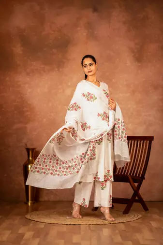 Off white pink hand block printed cotton suit set of 3