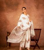 Off white pink hand block printed cotton suit set of 3