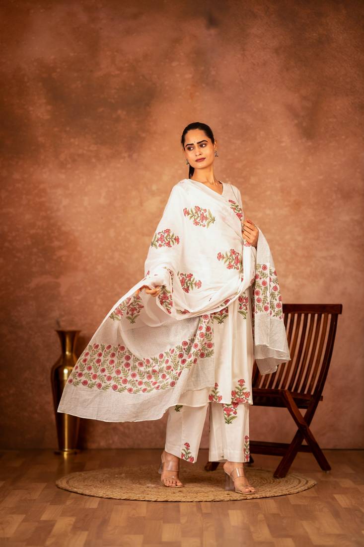 Off white pink hand block printed cotton suit set of 3
