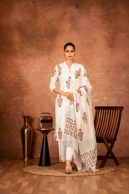 pink cotton salwar kameez set with off white hand block print 1