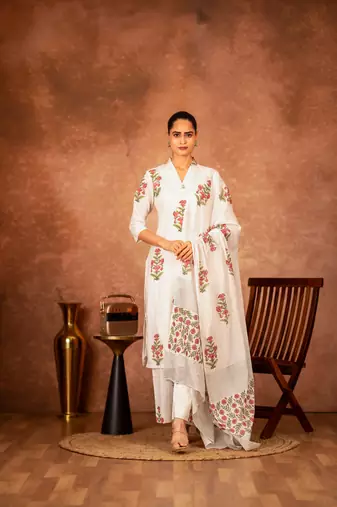 Off white pink hand block printed cotton suit set of 3