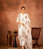 Off white pink hand block printed cotton suit set of 3