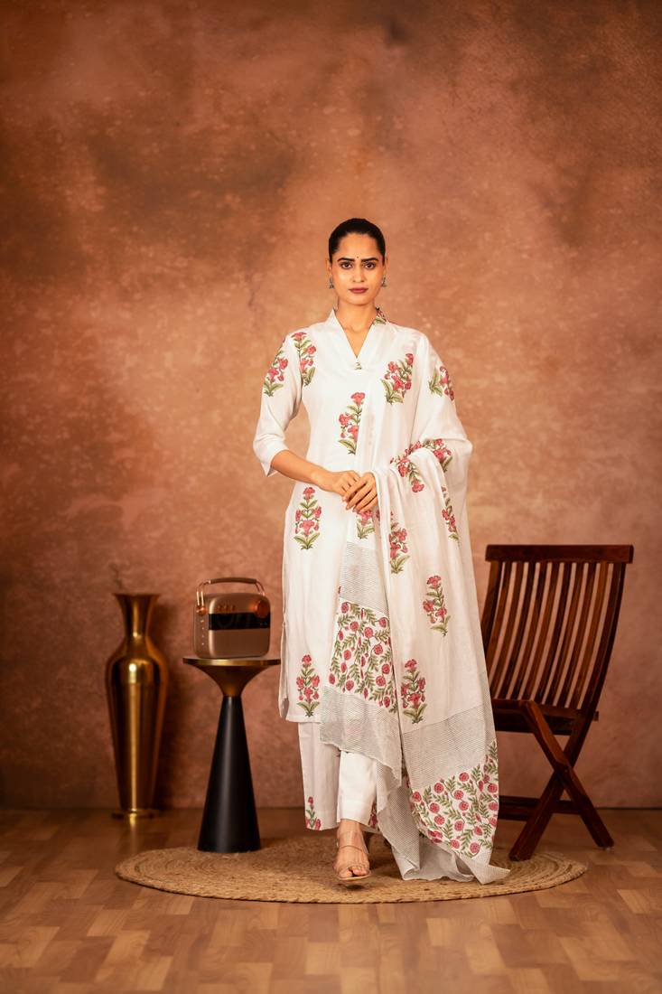 Off white pink hand block printed cotton suit set of 3