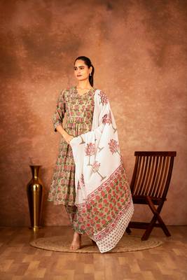green and pink hand block printed cotton salwar kameez 1