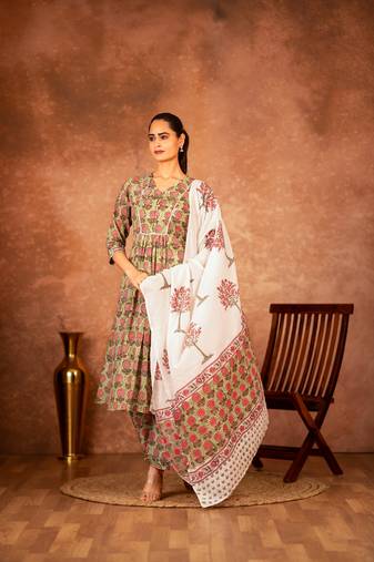 Green hand block printed cotton suit set of 3