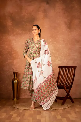 Green hand block printed cotton suit set of 3