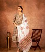 Green hand block printed cotton suit set of 3