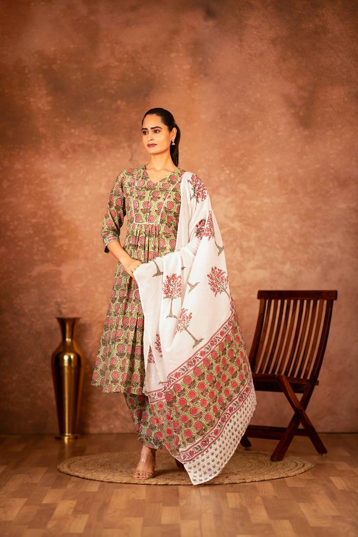 Green hand block printed cotton suit set of 3