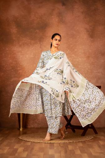white and blue cotton salwar kameez with hand block print
