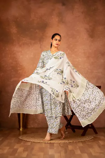 blue hand block printed cotton suit set of 3