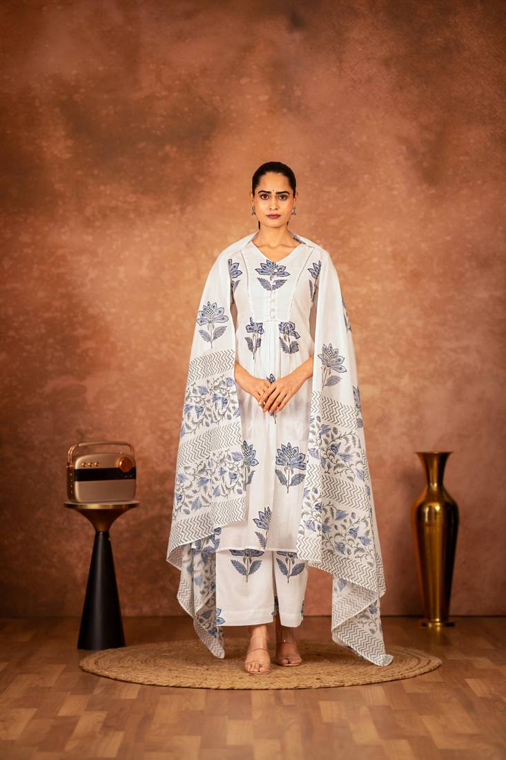 Off white blue hand block printed cotton suit set of 3