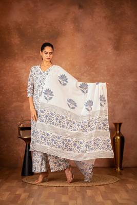 blue and white hand block printed cotton salwar kameez 1