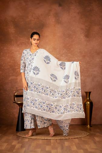 blue and white hand block printed cotton salwar kameez