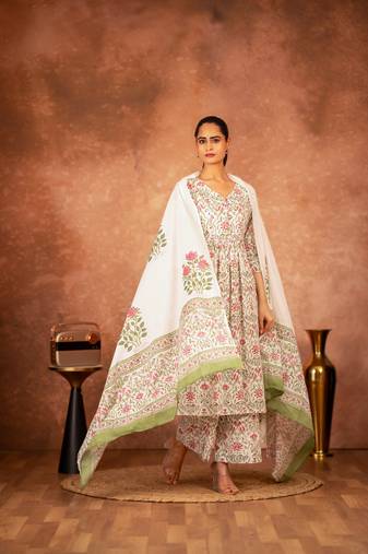 Green pink hand block printed cotton suit set of 3