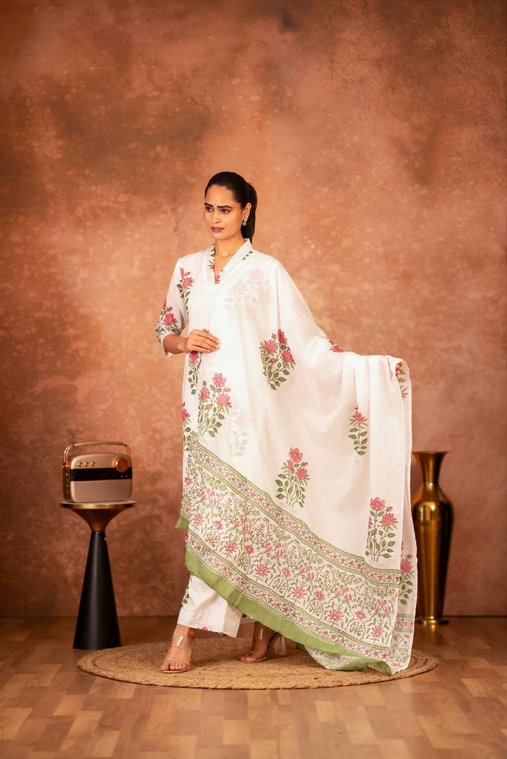 red cotton hand block print salwar kameez