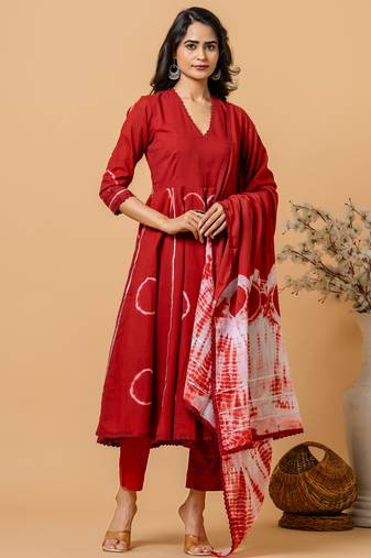 Off white pink hand block printed cotton suit set of 3