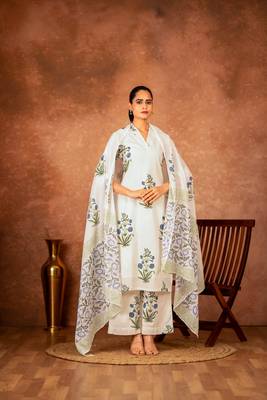 off white blue hand block printed cotton salwar kameez 1