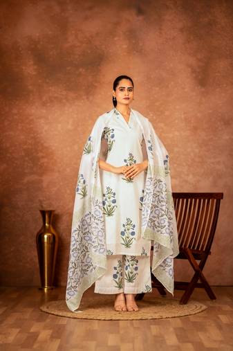 off white blue hand block printed cotton salwar kameez