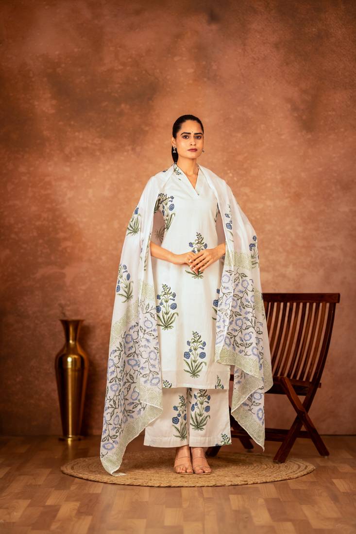 Off white blue hand block printed cotton suit set of 3