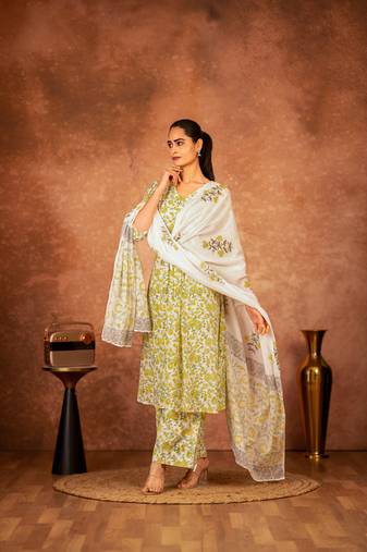 yellow hand block printed cotton salwar kameez