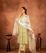 Yellow hand block printed cotton suit set of 3
