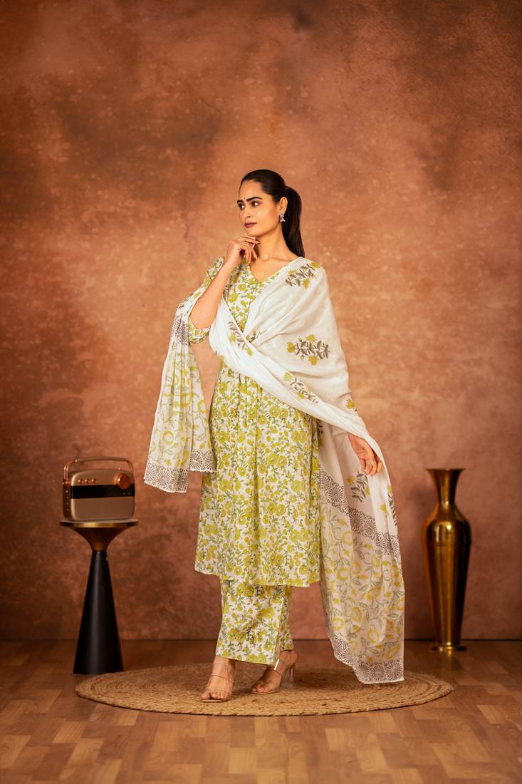 Yellow hand block printed cotton suit set of 3