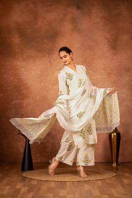off white cotton yellow hand block print salwar kameez  1