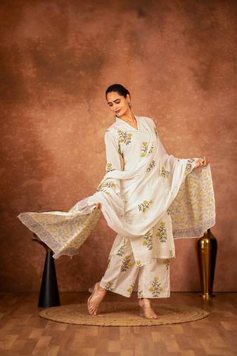 off white cotton yellow hand block print salwar kameez 