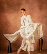 Off white yellow hand block printed cotton suit set of 3