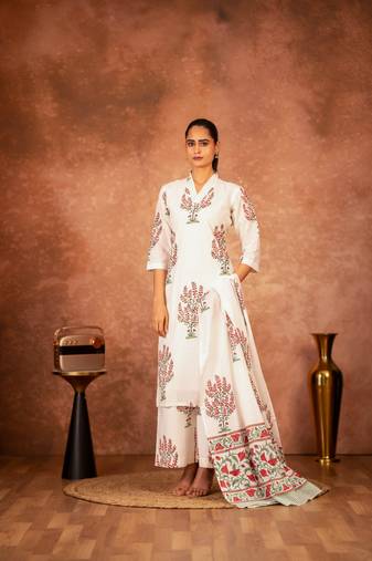 off white cotton hand block print suit set