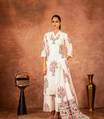 Off white red hand block printed cotton suit set of 3