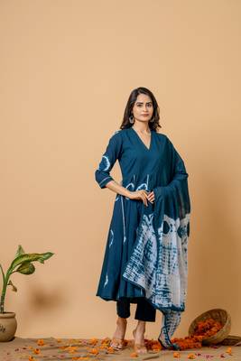 navy blue cotton suit set with tie & dye designs 1