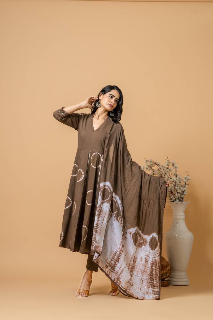 Brown tie & dye cotton suit set of 3