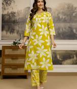 Yellow Pure Cotton Floral Print Beads Neck Work Embroidery Kurta Pant Set Ethnic Wear