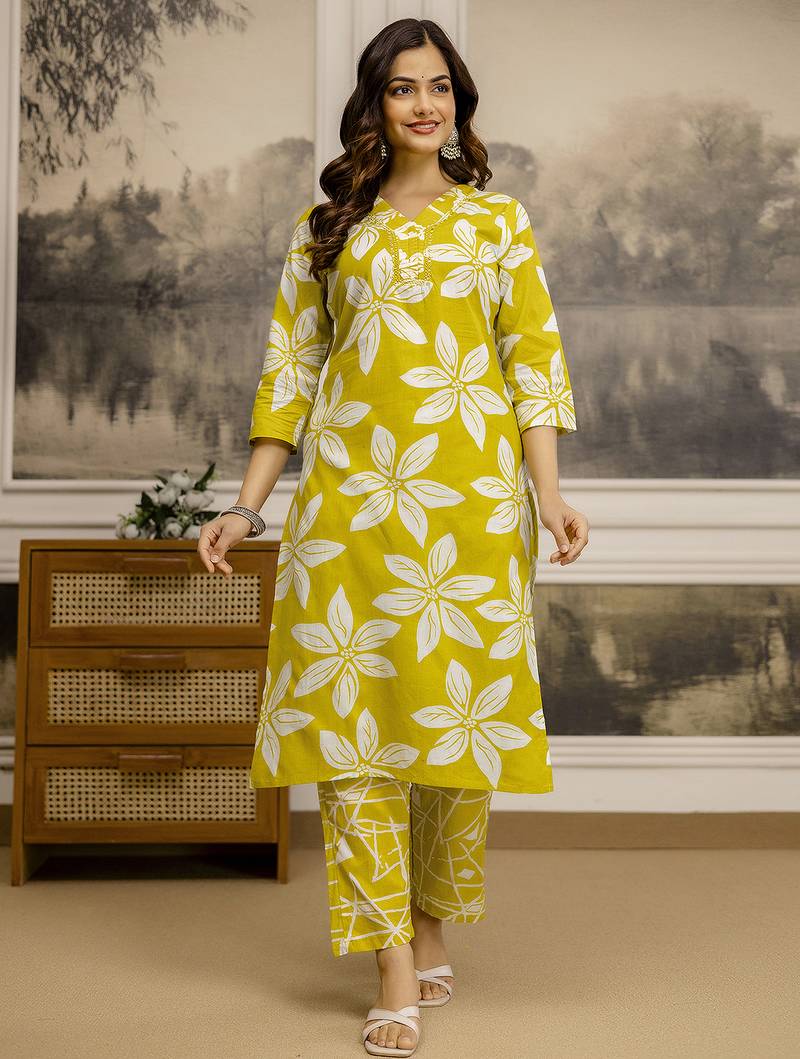 Yellow Pure Cotton Floral Print Beads Neck Work Embroidery Kurta Pant Set Ethnic Wear