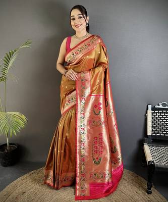 peach lichi silk blend ikkat floral motifs zari woven paithani saree 1