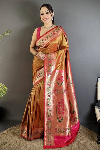 peach lichi silk blend ikkat floral motifs zari woven paithani saree