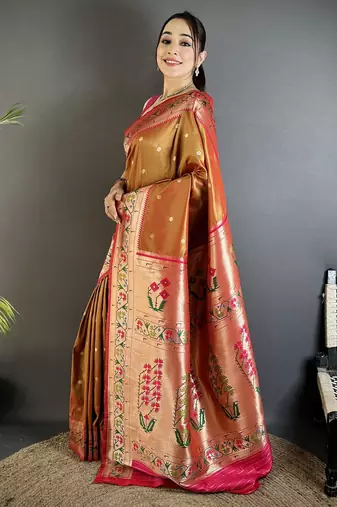 peach lichi silk blend ikkat floral motifs zari woven paithani saree