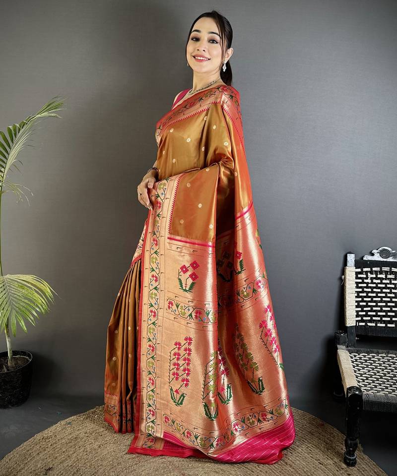 peach lichi silk blend ikkat floral motifs zari woven paithani saree