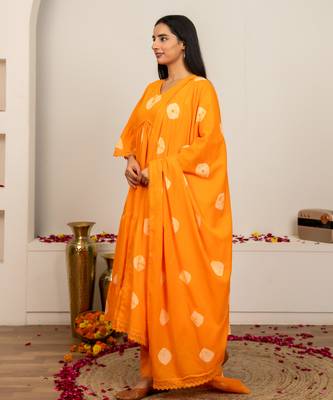 orange tie & dye cotton salwar kameez with lace work 2