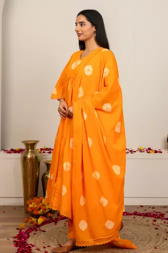 orange tie & dye cotton salwar kameez with lace work