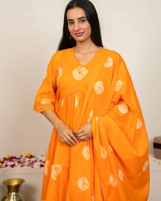 orange tie & dye cotton salwar kameez with lace work 3