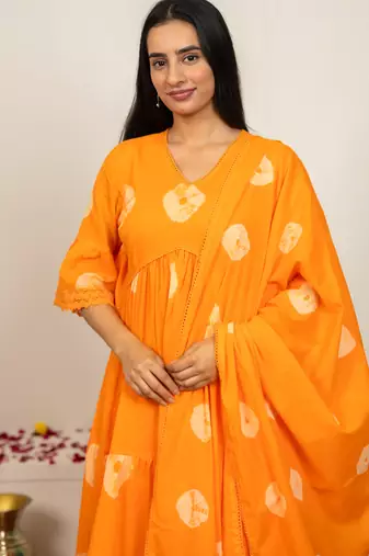orange tie & dye cotton salwar kameez with lace work