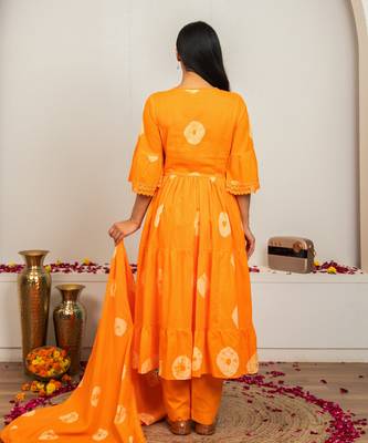 orange tie & dye cotton salwar kameez with lace work 4