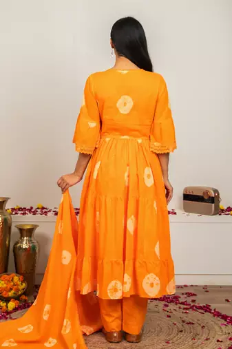 orange tie & dye cotton salwar kameez with lace work