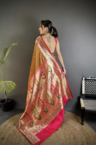 peach lichi silk blend ikkat floral motifs zari woven paithani saree