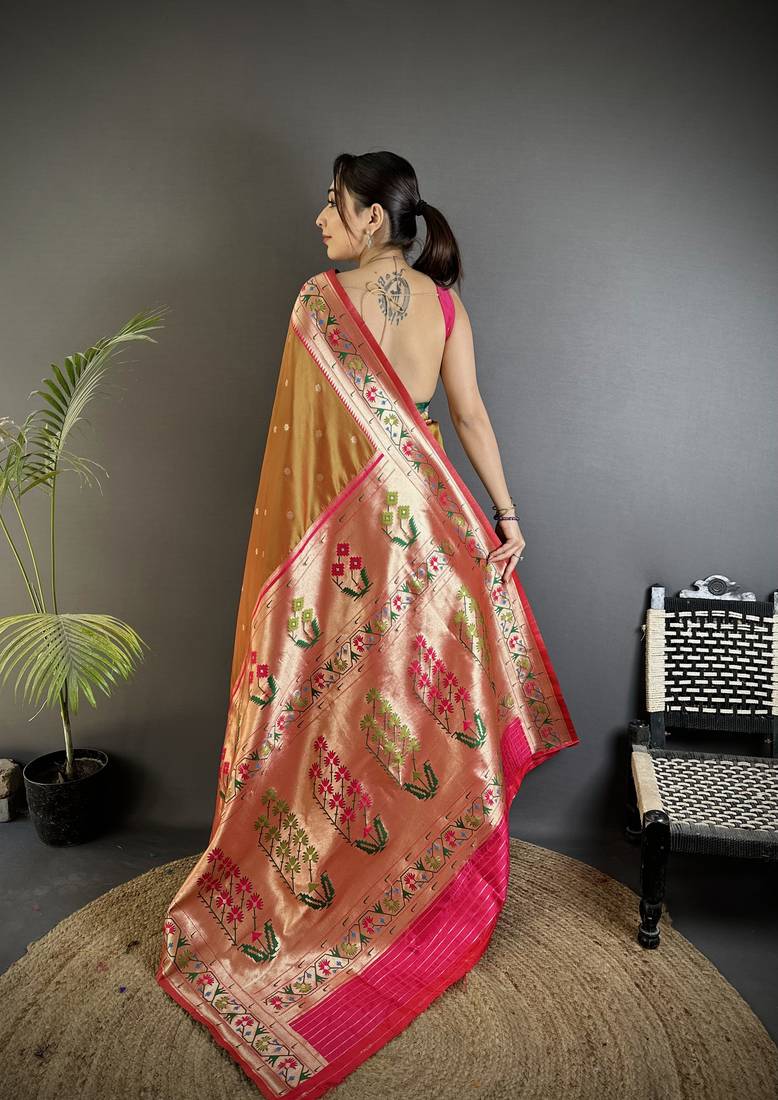 peach lichi silk blend ikkat floral motifs zari woven paithani saree