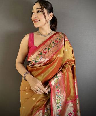 peach lichi silk blend ikkat floral motifs zari woven paithani saree 4