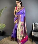 lavender lichi silk blend ikkat floral motifs zari woven paithani saree