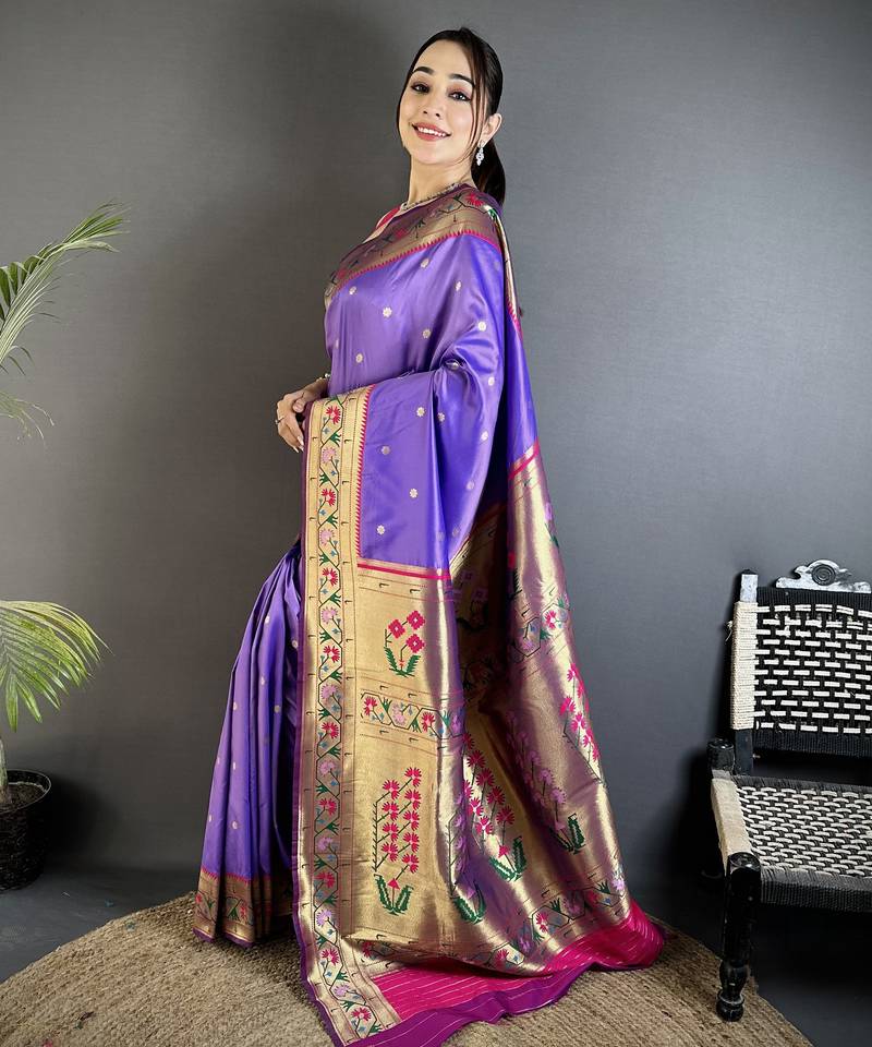 lavender lichi silk blend ikkat floral motifs zari woven paithani saree